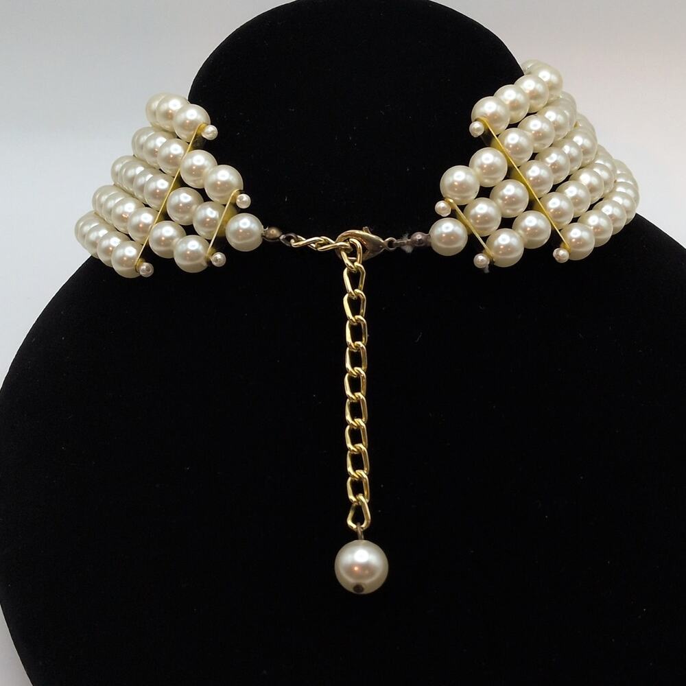 VTG Faux Pearl Cameo Choker Necklace Beaded Black and White Multi-Strand Dangle - Picture 2 of 3